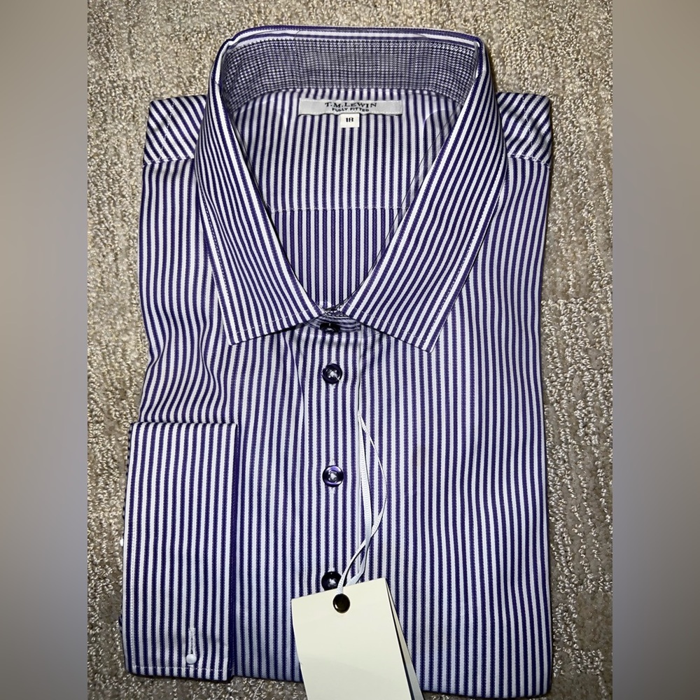 TM Lewin Purple & White Striped Fully Fitted Button Down Shirt - UK 18; US 16